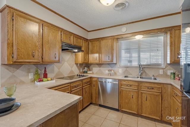 kitchen with dishwasher, sink, black electric cooktop, a textured ceiling, and ornamental molding