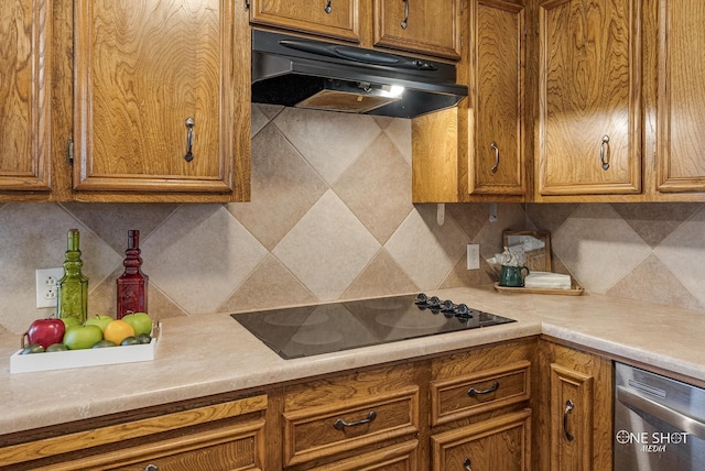 kitchen featuring black electric stovetop, decorative backsplash, and stainless steel dishwasher