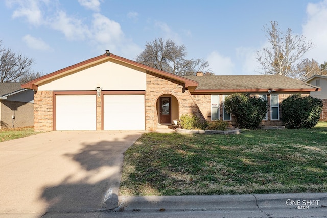 single story home featuring a front yard and a garage