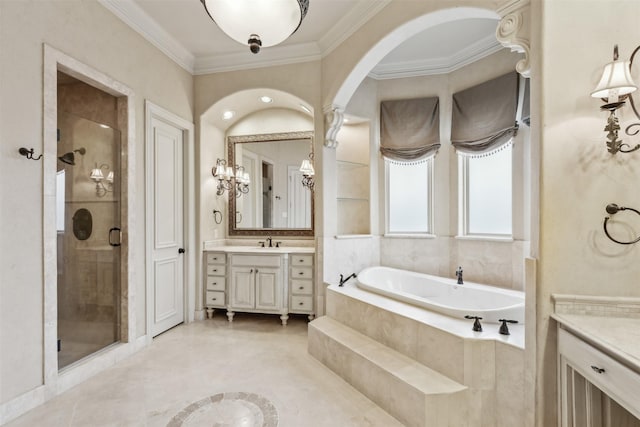 bathroom with tile patterned flooring, vanity, separate shower and tub, and crown molding