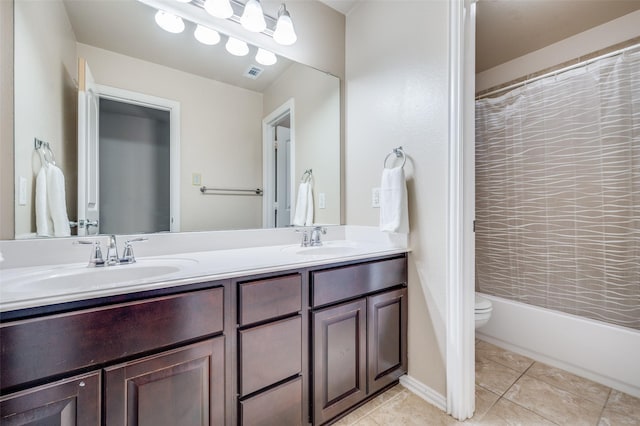 full bathroom featuring shower / bathtub combination with curtain, vanity, toilet, and tile patterned flooring