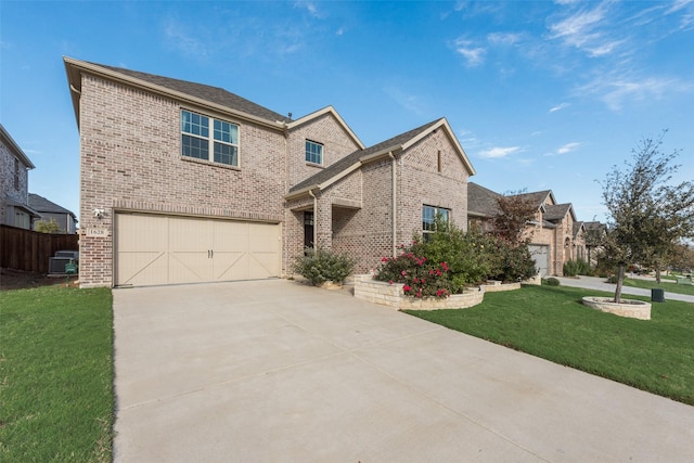 view of front facade with central AC, a garage, and a front lawn