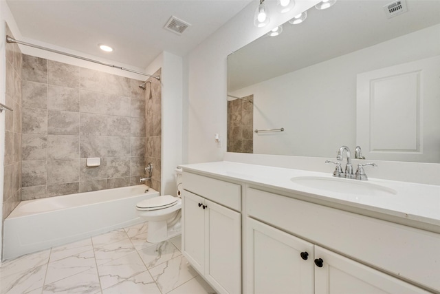 bathroom featuring marble finish floor, visible vents, bathing tub / shower combination, and toilet