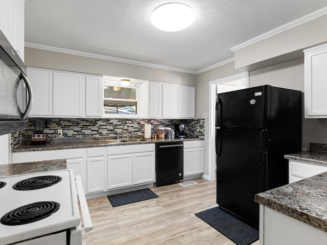 kitchen with white cabinetry, sink, light hardwood / wood-style flooring, black appliances, and ornamental molding