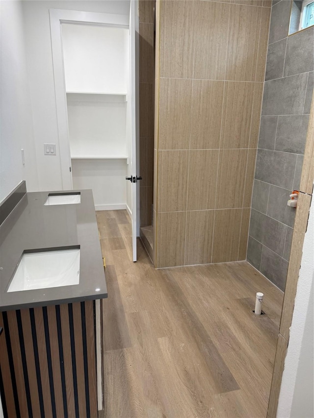 bathroom featuring vanity and hardwood / wood-style flooring