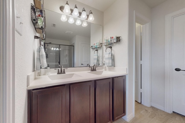 bathroom featuring vanity, hardwood / wood-style floors, and walk in shower