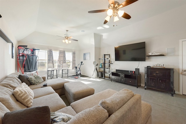 living room with light carpet, ceiling fan, and vaulted ceiling