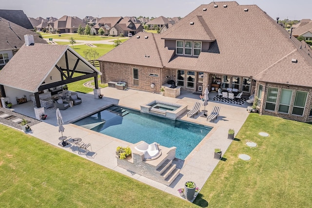 view of swimming pool with a gazebo, a patio area, an in ground hot tub, and an outdoor living space