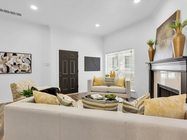 living room featuring hardwood / wood-style floors and a high end fireplace