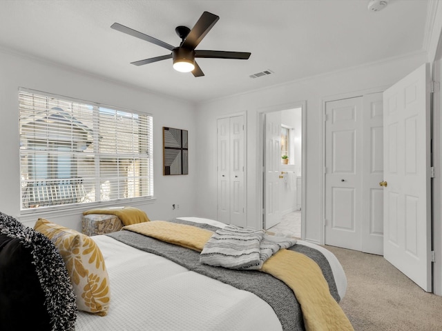 carpeted bedroom with ensuite bath, ceiling fan, multiple closets, and crown molding