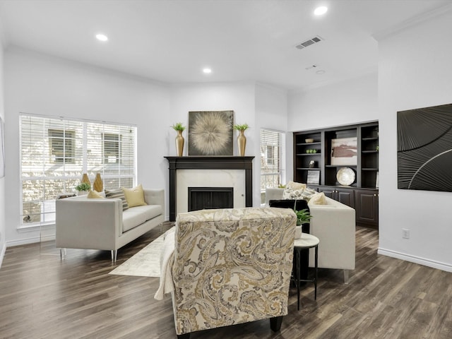 living room featuring dark wood-type flooring