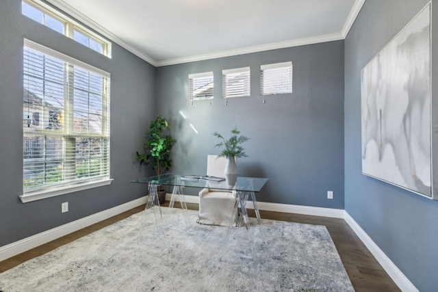 home office featuring dark wood-type flooring and ornamental molding