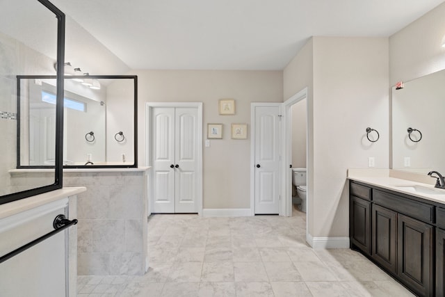 bathroom with vanity, walk in shower, and toilet