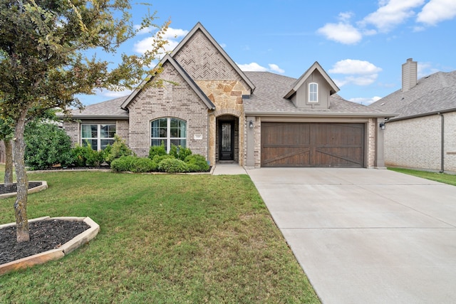 view of front of property featuring a front lawn and a garage