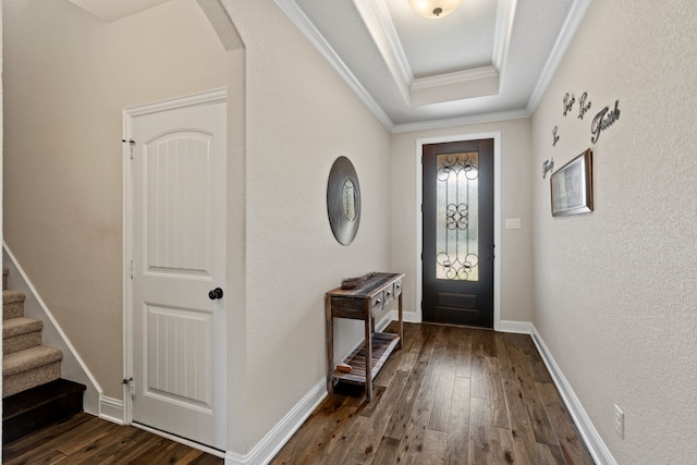 entrance foyer featuring a raised ceiling, ornamental molding, and dark hardwood / wood-style floors