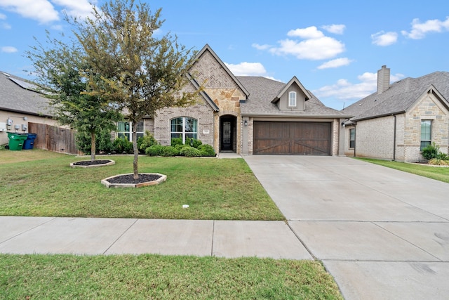 french country style house with a garage and a front lawn