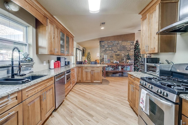 kitchen with sink, wall chimney range hood, light hardwood / wood-style floors, vaulted ceiling, and appliances with stainless steel finishes