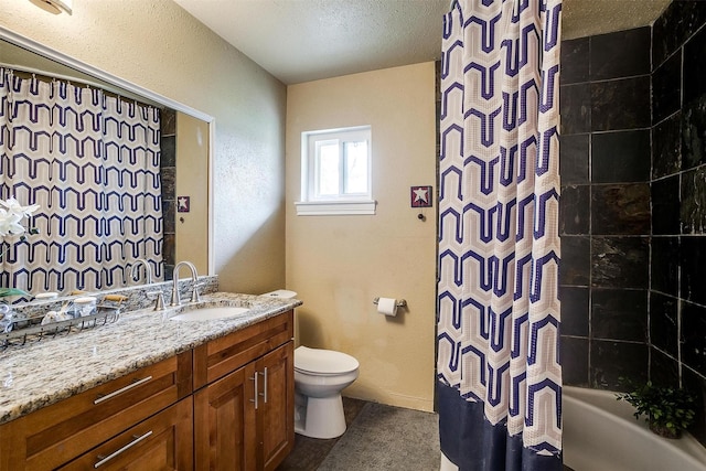 full bathroom with a textured ceiling, toilet, vanity, and shower / bath combo with shower curtain