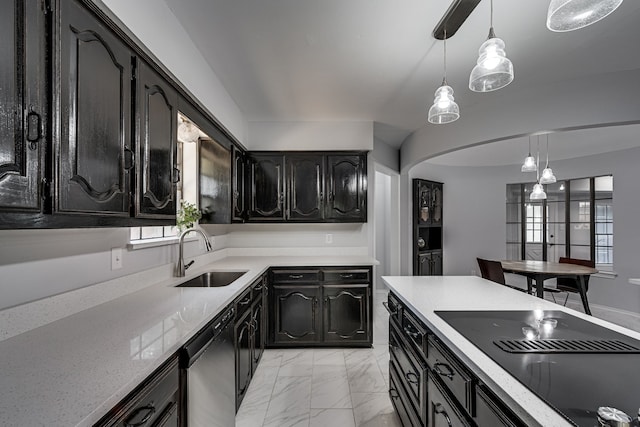 kitchen featuring black electric cooktop, sink, decorative light fixtures, dishwasher, and plenty of natural light