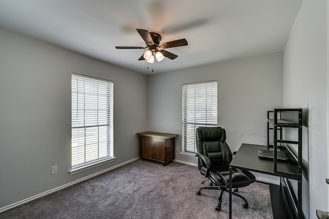 carpeted office space featuring a wealth of natural light and ceiling fan