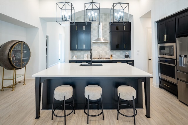 kitchen with pendant lighting, light hardwood / wood-style floors, a kitchen bar, a center island with sink, and appliances with stainless steel finishes