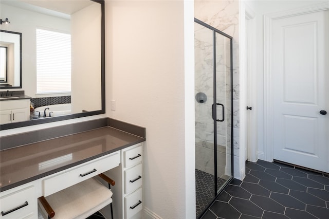 bathroom featuring tile patterned flooring, vanity, and plus walk in shower