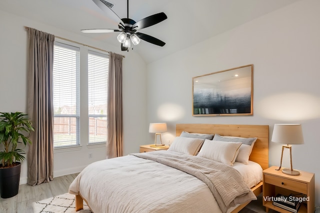 4100 Sandbrock Pkwy, Aubrey, TX 76227 - bedroom with lofted ceiling, wood finished floors, baseboards, and a ceiling fan
