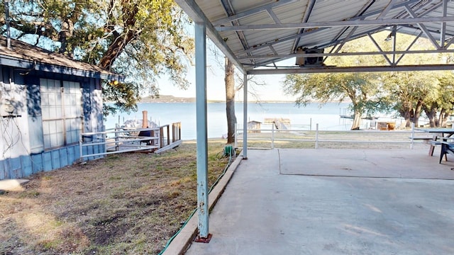 view of patio / terrace featuring a water view