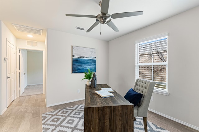 2876 Shore Shadows Ln, Frisco, TX 75036 - office area with visible vents, a ceiling fan, and light wood-style floors