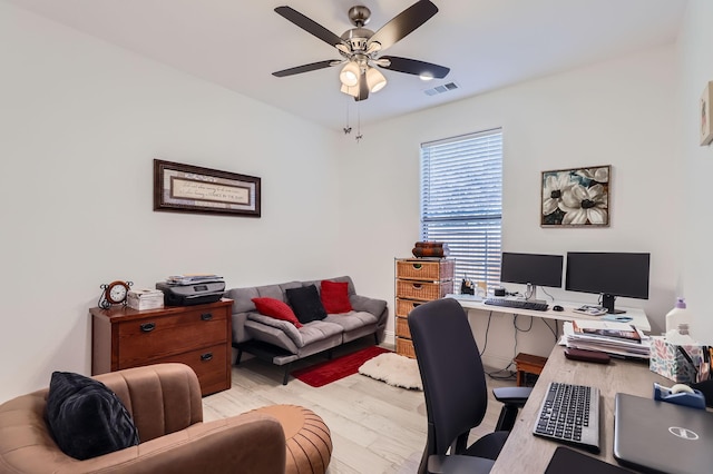 office area featuring light hardwood / wood-style floors and ceiling fan