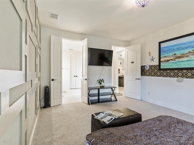 living room featuring light carpet