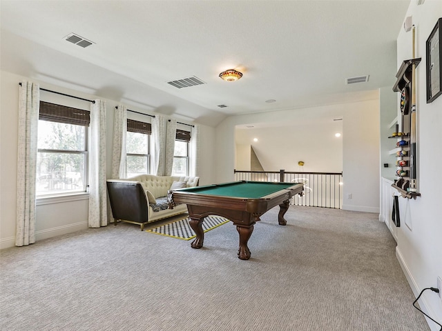 playroom featuring light colored carpet and lofted ceiling