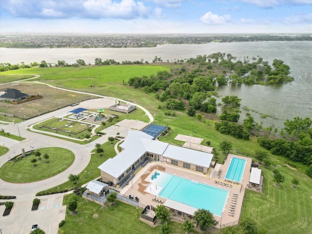 birds eye view of property featuring a water view