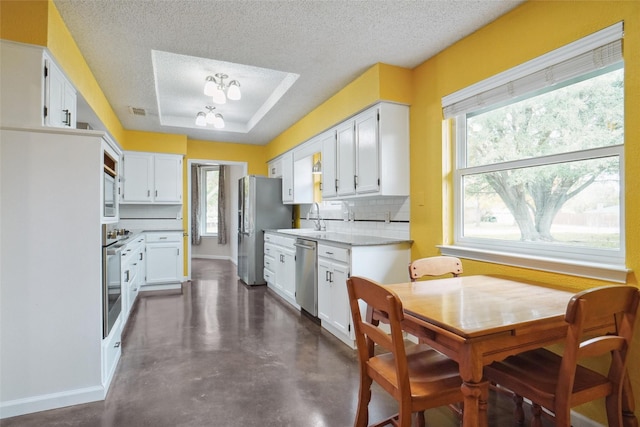 kitchen featuring appliances with stainless steel finishes, tasteful backsplash, sink, white cabinets, and a raised ceiling