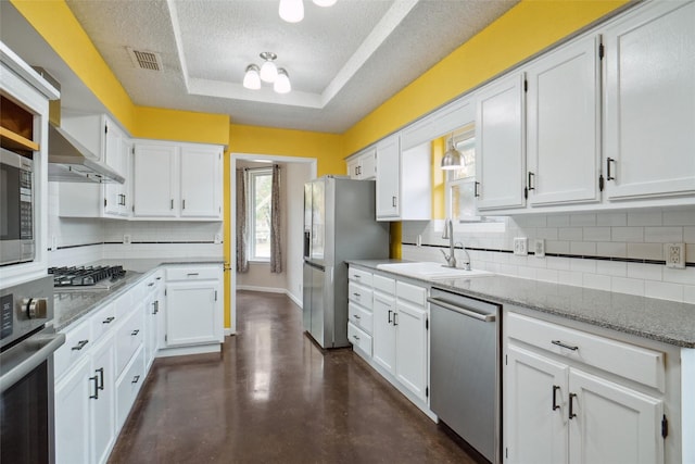 kitchen featuring sink, light stone counters, a tray ceiling, stainless steel appliances, and white cabinets