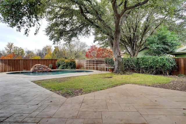 view of yard with a fenced in pool and a patio area