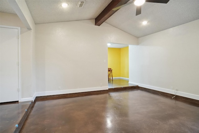 empty room featuring ceiling fan, lofted ceiling with beams, and a textured ceiling