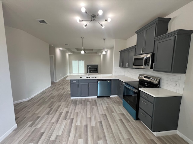 kitchen with sink, decorative backsplash, appliances with stainless steel finishes, light hardwood / wood-style floors, and kitchen peninsula