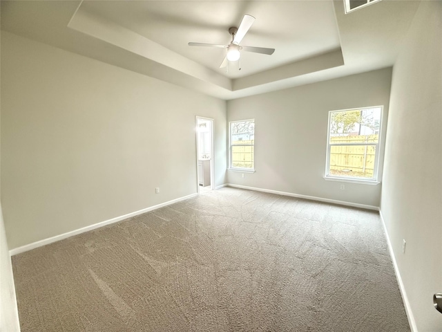 empty room featuring ceiling fan, a raised ceiling, light carpet, and a wealth of natural light