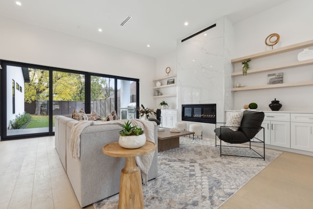 living room featuring light wood-type flooring and a premium fireplace