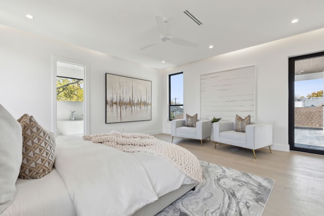 bedroom with ceiling fan, access to exterior, and light wood-type flooring