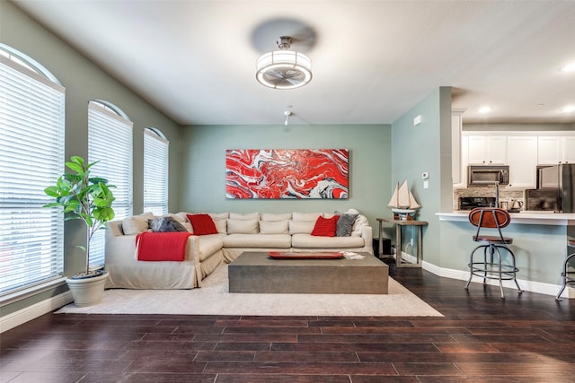 living room with dark wood-type flooring and plenty of natural light