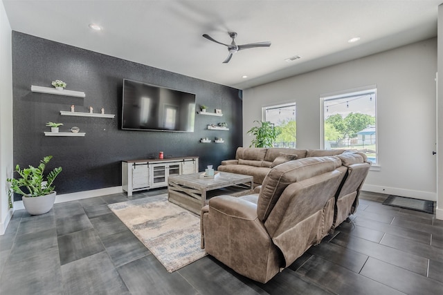 living room with ceiling fan