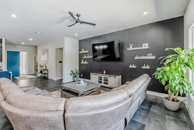 living room featuring ceiling fan