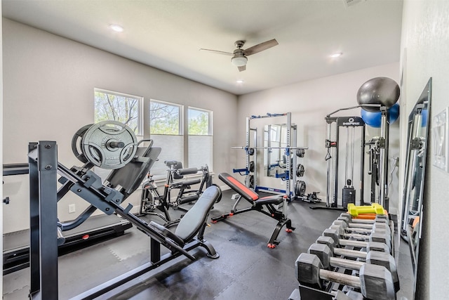 gym featuring ceiling fan