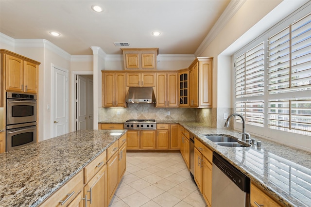 kitchen featuring backsplash, light stone countertops, crown molding, and appliances with stainless steel finishes