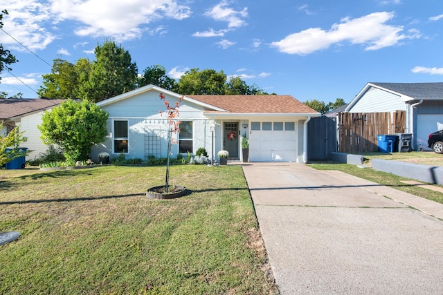 ranch-style house with a front yard and a garage