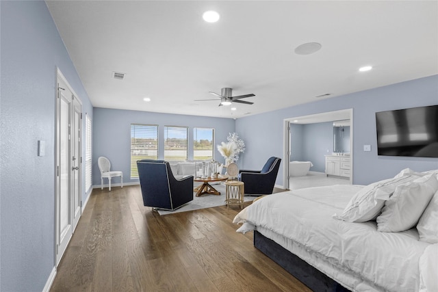 bedroom with hardwood / wood-style flooring and ceiling fan