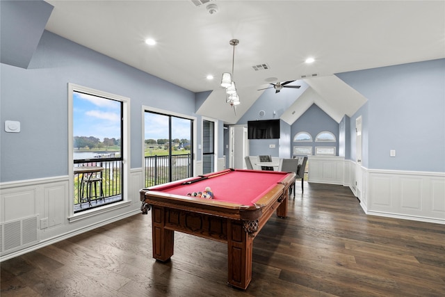 recreation room featuring lofted ceiling, ceiling fan, dark wood-type flooring, and billiards