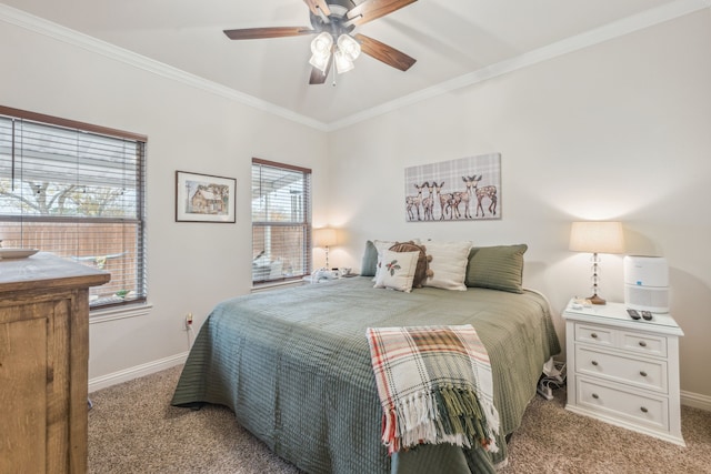 bedroom featuring ceiling fan, light carpet, and multiple windows